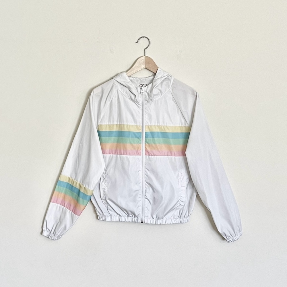 Twain Retro Rainbow Pastel White Zip Up Windbreaker Jacket Women’s Medium